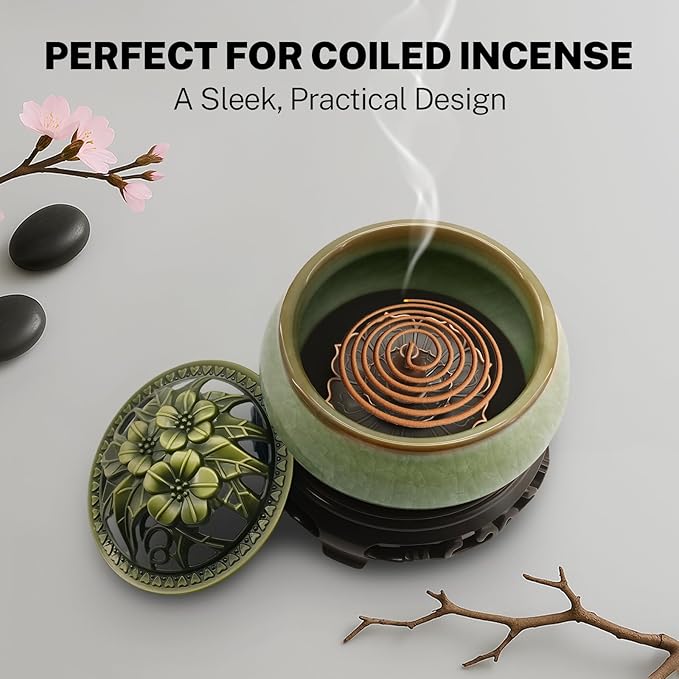 Ceramic Incense Burner with Lotus Incense Holder, Multi-Functional Incense Burner Holder for Incense Sticks, Coil Incense and Cones, Perfect Home Decor