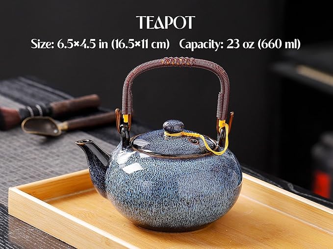 Traditional Japanese tea set, Kiln altered glaze Porcelain tea set with 1 teapot (23.5oz/700ml), 6 teacups (4oz/120ml), 1 Tea Tray,Japanese teapot set, Asian tea sets (Kiln altered Blue) - Bloomnest