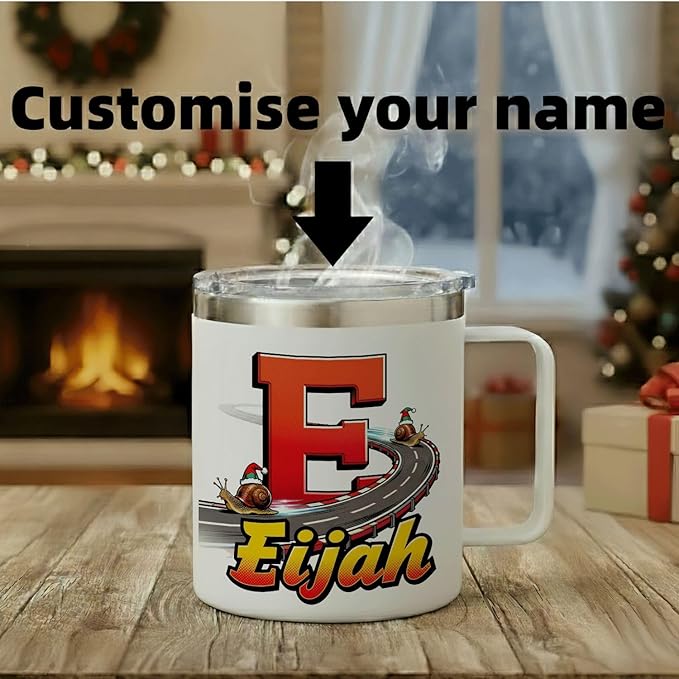 JugJug Personalized Christmas Mug with Initial & Name - Funny Racing Snails 12oz Insulated Coffee Cup w/Lid - Xmas Gifts for Kids, Boys, Racers (B178) - Bloomnest