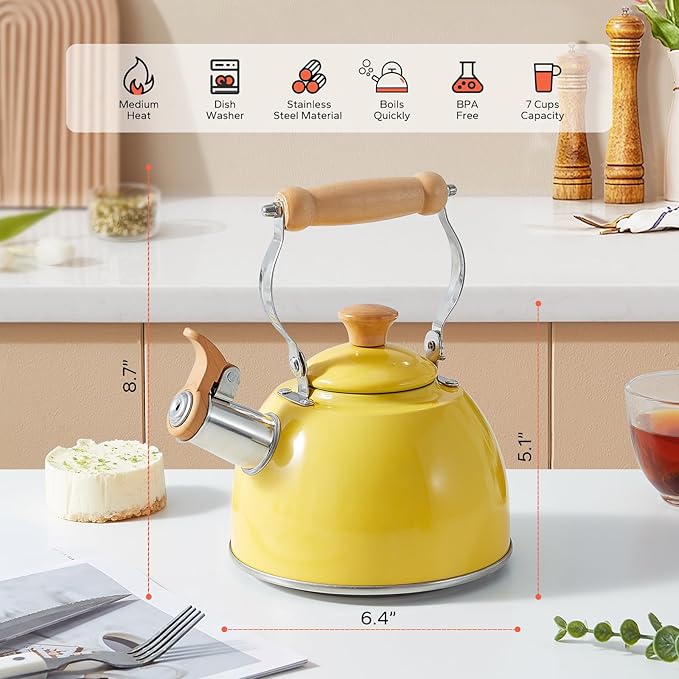 ROCKURWOK Tea Kettle, Tea Pot with Cool Touch Ergonomic Handle, Teapot Food Grade Stainless Steel, Tea Kettle Stovetop, Kettle Teapot, Whistling Tea Kettle, Small Tea Kettles, 1.6 Quart (Yellow) - Bloomnest