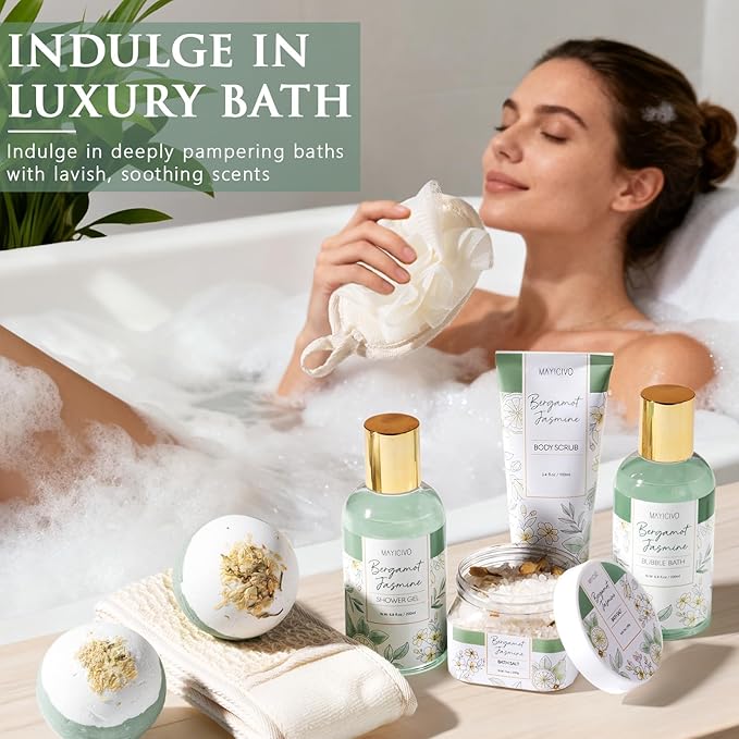 Birthday Gifts for Women, Bergamot Jasmine Relaxing Spa Gift Baskets for Women Self Care Package Bath Gift Set, Home Bath and Body Kit Pampering Valentines Day Gifts for Her Womens Mom Friends Sister - Bloomnest