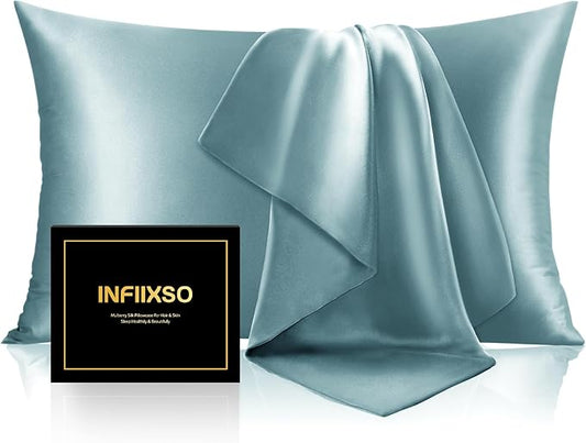 INFIIXSO Mulberry Silk Pillow Cases King Size Set of 2, Silk Pillowcase with Hidden Zipper 20"x36", Extraordinary Smooth and Soft Pillow Case for Hair and Skin(Haze Blue, 2 Pack) - Bloomnest