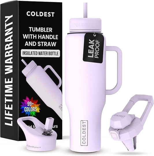 Coldest Tumbler with Handle and Straw - 100% Leak Proof Insulated Tumbler with Lid and Straw (3 Lids) - Stainless Steel Tumblers for Women & Men - Cup Holder Friendly Base, 46 oz (Lilac Blue) - Bloomnest