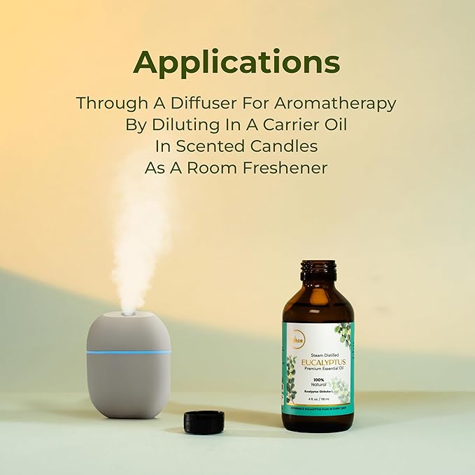 My Ace Eucalyptus Essential Oil – 100% Pure & Natural, Steam-Distilled, Undiluted Oil for Diffuser, Aromatherapy, Massage, Candle & Soap Making – Amber Glass Bottle with Dropper – 4 fl oz MyAce
