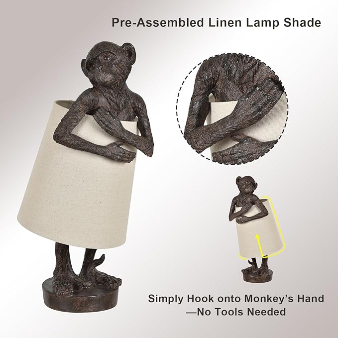 Crestview Collection Monkey Table Lamp – Bronze Resin Animal Lamp, Retro Rustic Art Deco Farmhouse Desk Lamp with Linen Shade for Bedroom, Living Room, Bedside, Nightstand or Small Space - Bloomnest