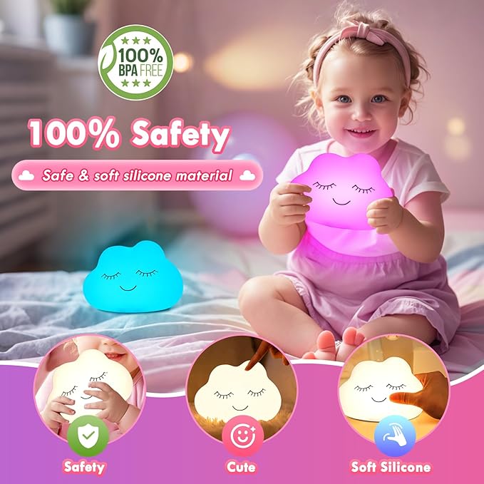 Night Light for Kids, 7 Colors Soft Silicone Kids Night Light with 3 Level Dimmable, Rechargeable Anti-glare Nursery Night Light with Warm White & Multicolor, Squishy Cute Cloud Bedside Touch Lamp - Bloomnest
