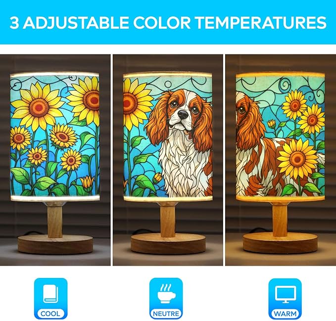 Cavalier King Table Lamp LED 3-Color Pressed Bedside, Dog Shade Lamp with Wood Base for Bedroom Living Room Desk Office - Bloomnest