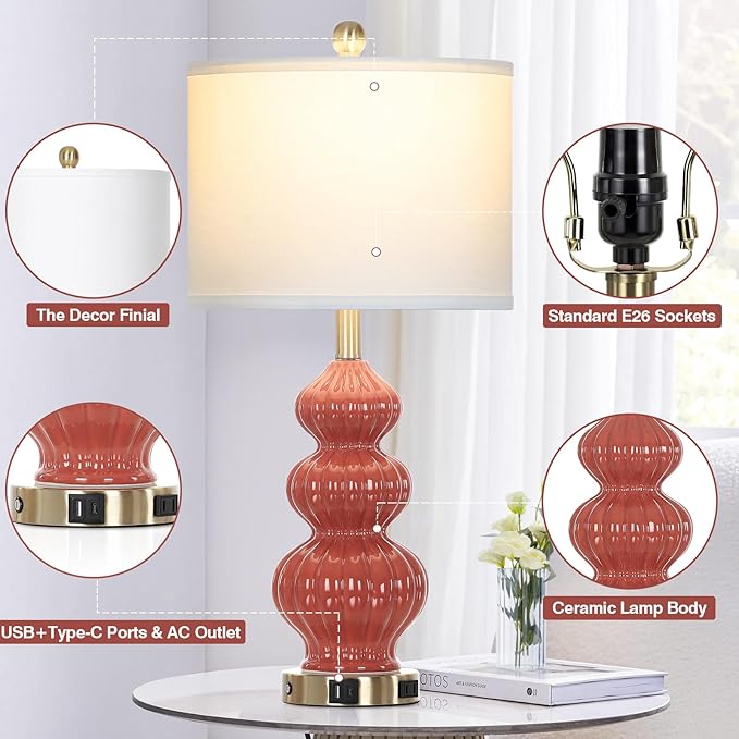 26" Triple Gourd Ceramic Table Lamps Set of 2,Modern Orange Bedside Lamps USB A+C Ports & AC Outlet -Ceramic Nightstand Lamps for Bedroom, 3 Way Touch Control Contemporary Living Room End Tables - Bloomnest