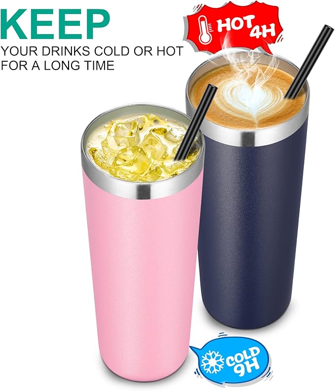 VEGOND Stainless Steel Skinny Tumbler, 20 oz Vacuum Insulated Tumbler with Lid and Straw, Double Wall Coffee Cup, Travel Mug for Cold Hot Drinks, Navy Blue 1 Pack - Bloomnest