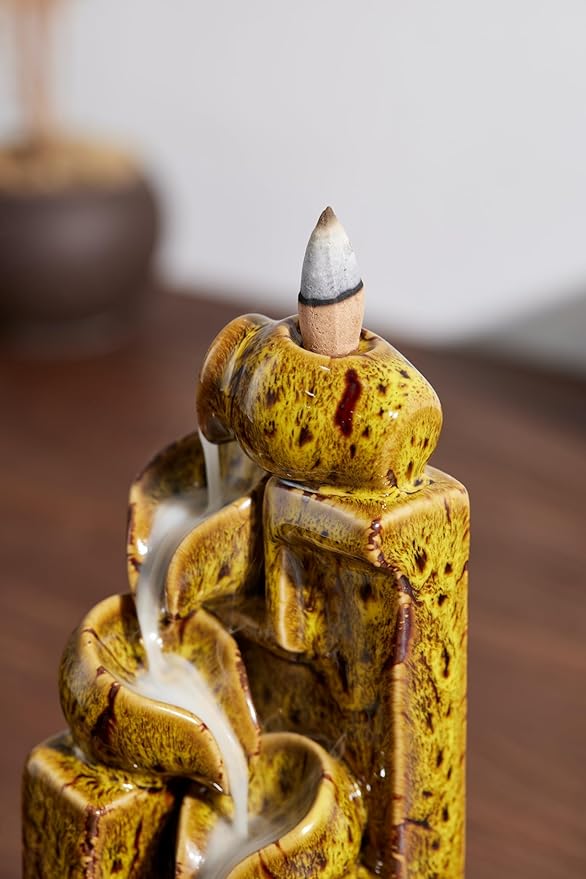 Unique Cascading Basins Ceramic Waterfall Incense Holder, Paired with a Pack of Backflow Incense Cones. (Fambe Yellow) - Bloomnest