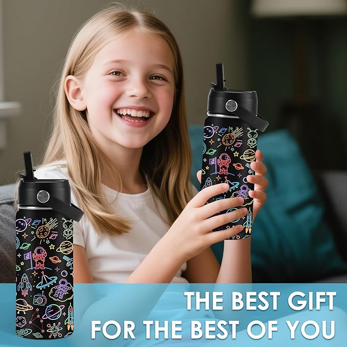 Space Gifts for Kids - 16oz Insulated Water Bottle with Straw Lid, Stainless Steel Leakproof Tumbler, Leak Proof, BPA-Free, for Boys Daily Use, Travel - Space Lovers Children Birthday Gift Cup (1pc) - Bloomnest