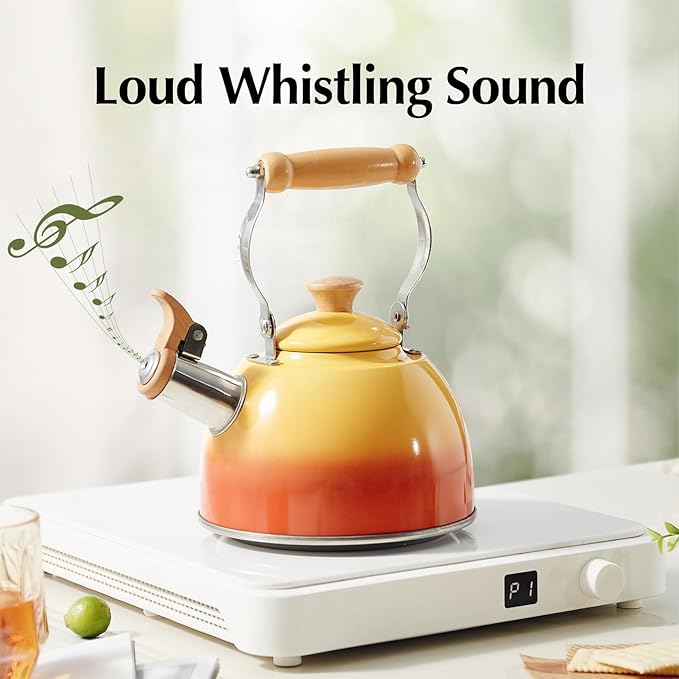 ROCKURWOK Tea Kettle, Tea Pot with Cool Touch Ergonomic Handle, Teapot Food Grade Stainless Steel, Tea Kettle Stovetop, Kettle Teapot, Whistling Tea Kettle, Small Tea Pot, 1.6 Quart (Orange) - Bloomnest