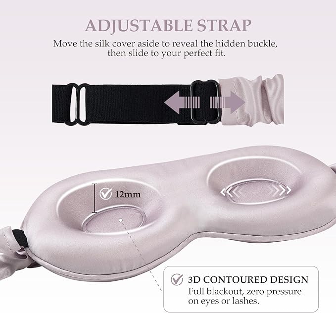 100% Mulberry Silk Sleep Mask for Unisex, 22 Momme 3D Silk Contoured Eye Mask, Breathable Light Blocking Blindfold with Adjustable Strap, Blackout Eye Cover for Travel, Dusty Purple - Bloomnest