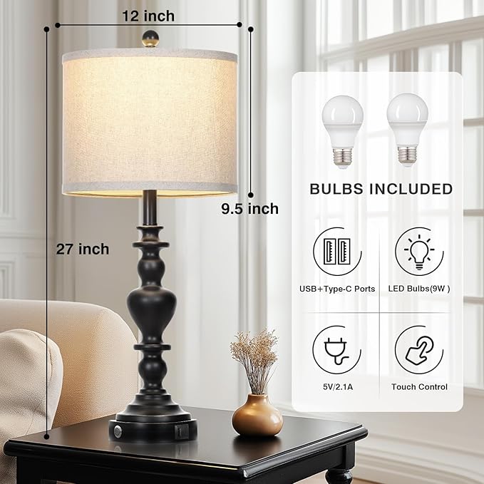 Farmhouse Table Lamps Set of 2, 27" Black Vintage Bedside Lamps with USB A+C Charging Ports, 3-Way Dimmable Touch Control Rustic Nightstand Lamp for Living Room Office(Bulbs Included) - Bloomnest