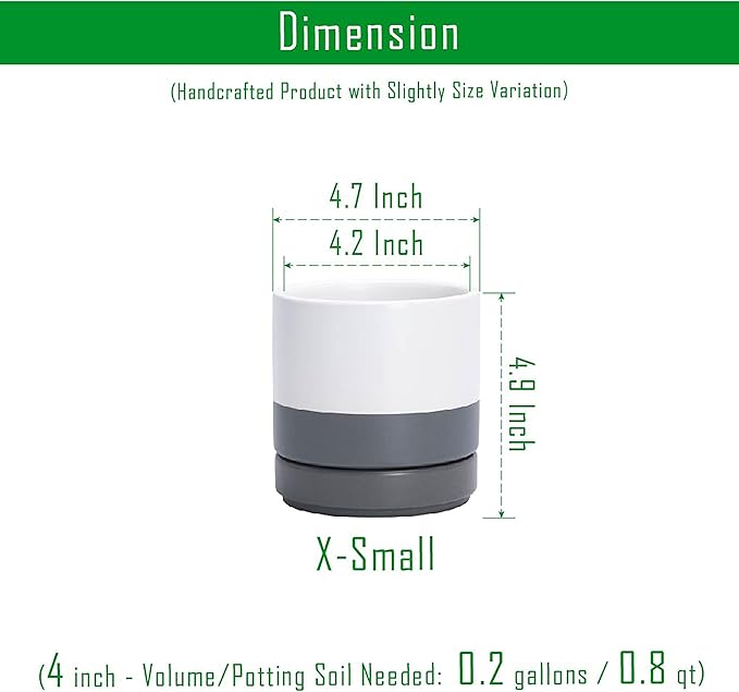 D'vine Dev Set of 2 Plants Pots, 4.7 Inch Ceramic Planter Pot for Plants with Drainage Hole and Saucer, White/Speckled Grey, 94-V-B-6 - Bloomnest