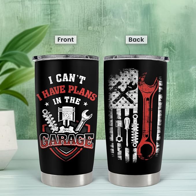 SANDJEST I Can’t I Have Plans In The Garage Tumbler for Mechanic 20oz 30oz Stainless Steel Insulated Coffee Cup Travel Mug Gifts for Dad Husband Boyfriend Father's Day Birthday Christmas - Bloomnest