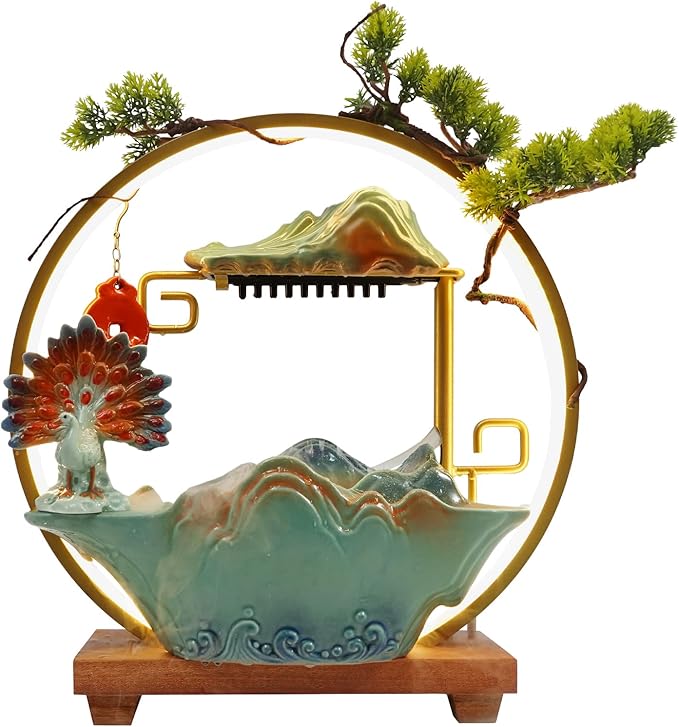 Tabletop Water Fountains, Indoor Water Fall with LED Light Zen Decor for Meditation with Mist, Japanese Decor with Fake Plants Feng Shui Decor for Good Luck Wealth - Bloomnest