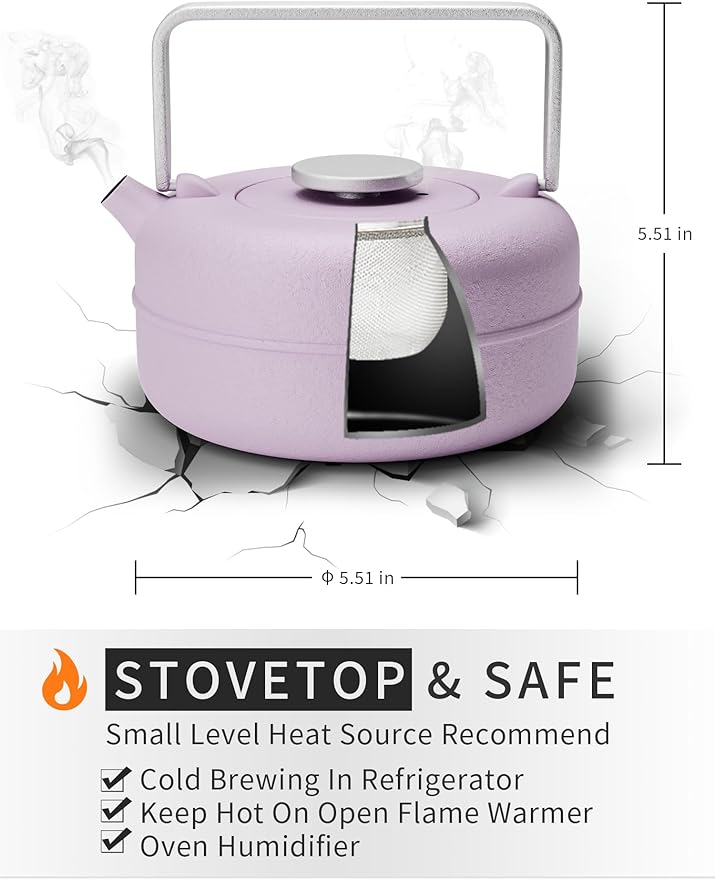 Toptier Teapot with Removable Infuser, Cast Iron Tea Kettle Stovetop Safe, Solid Geometry Cylinder Design Tea Pot Coated with Enameled Interior for 27 Ounce (800 ml), Purple - Bloomnest