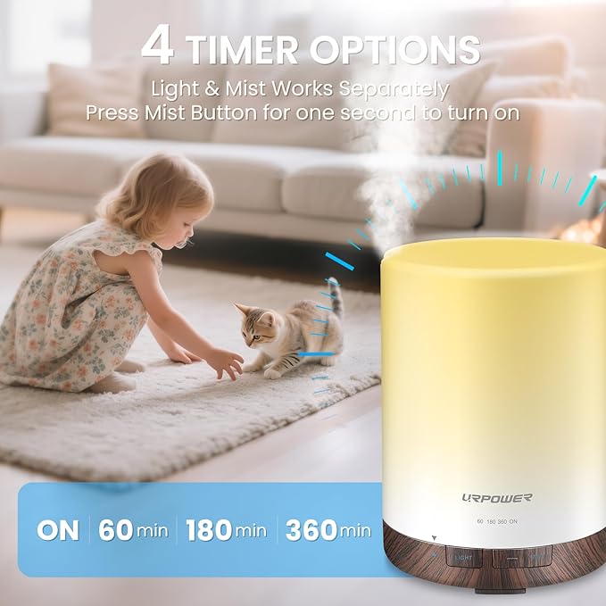 URPOWER 300ml Essential Oil Diffuser Ultrasonic Air Humidifier AUTO Shut Off Aromatherapy Scent Diffuser Night Light 7 Color Changing LED Lights and 4 Timer Settings for Home Office Yoga - Bloomnest