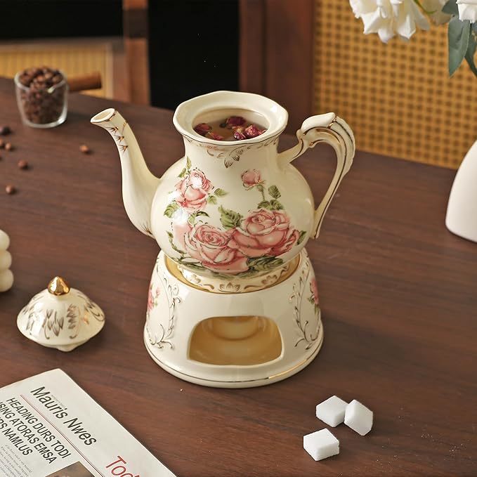 Vintage Ceramic Tea Pot, Heatable with Warmer, Decor for Party, Camping or Wedding, 25 oz/ 2 Cup, White with Pink Roses & Gold Trim - Bloomnest