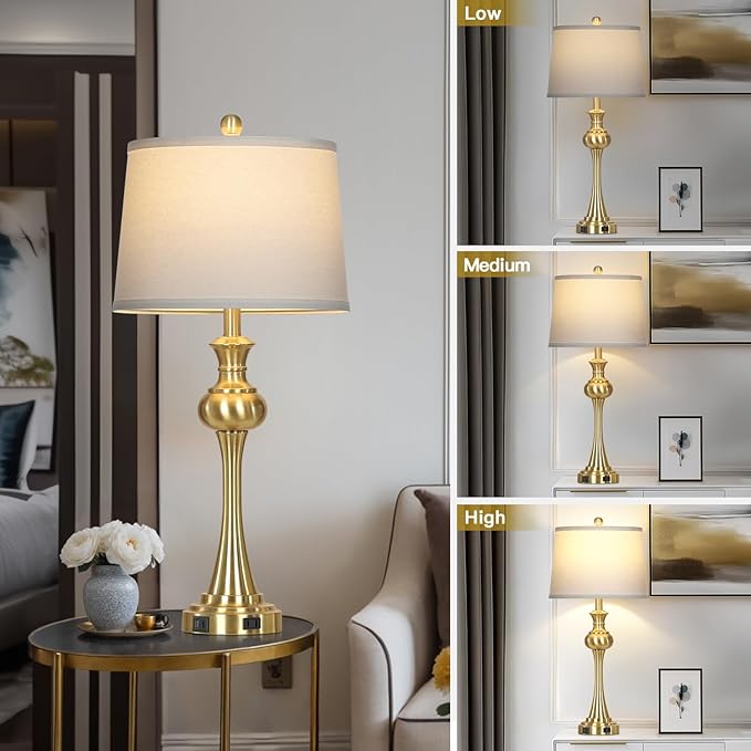 28.75" Gold Table Lamps Modern 3-Way Touch Control Dimmable Bedside Lamp with USB A+C Ports & AC Outlets for Living Room Bedroom Nightstand Lamp (Bulb Included) - Bloomnest