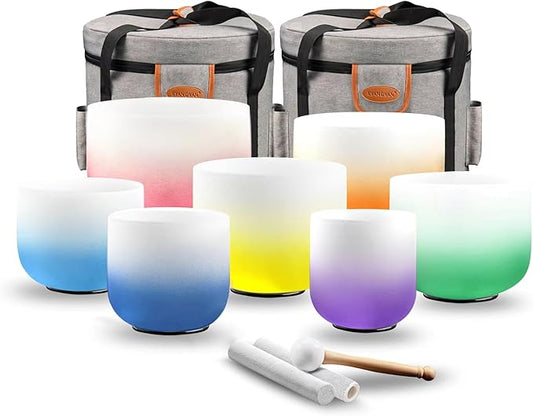 Ryan Dvan 432Hz 7"-12" Set of 7 Crystal Singing Bowl Set – Gradient Color Quartz Bowls for Chakra Healing, Meditation, Sound Bath & Yoga.Sound Therapy Tools with Suede Mallets & O-Rings. - Bloomnest