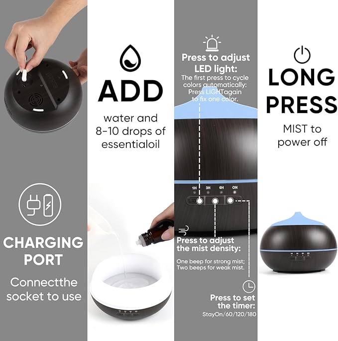 HAPPTWS 500ML Essential Oil Diffuser - BPA Free Ultrasonic Aromatherapy Diffuser, with 7-Color Lights Waterless Auto Shut Off for Home、Room、pet Room - Black HAPPTWS