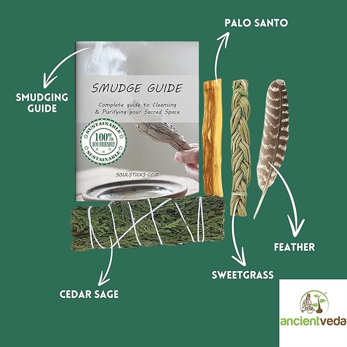 Ancient VEDA Sage Smudge Kit | Cedar, Sweetgrass, & Palo Santo Sticks Smudging Kit for Meditation, Yoga, Reiki, Home Cleansing, & Aromatherapy (Starter Kit, Cedar Sage)