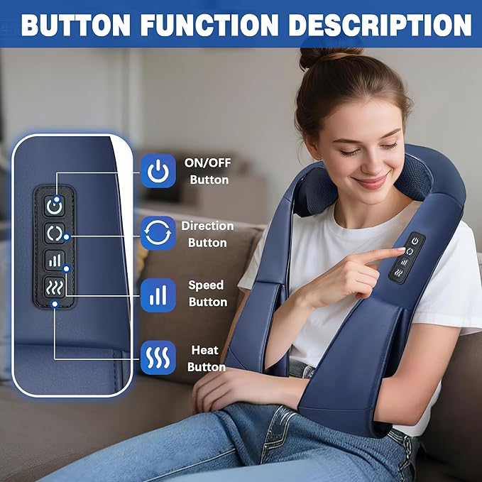 Joyset Shiatsu Neck and Back Massager with Heat,Electric Shoulder Massager for Pain Relief Deep Tissue,3D Kneading Massage with Cloth Cover Easy to Clean (Blue) - Bloomnest