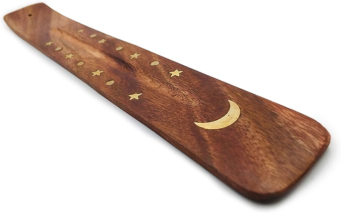 Moon and Stars Incense Holder - Wooden Ash Catcher with Celestial Design for Single Incense Sticks - Meditation Accessories, Spiritual Decor, Home Fragrance, Room Decor (10 Inches Long) - Bloomnest