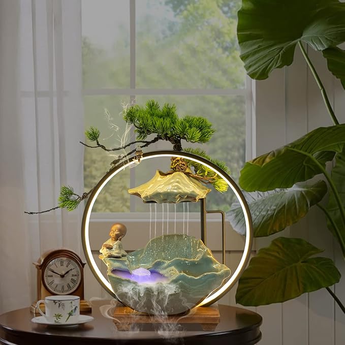 16In Bonsai Tree Statue Water Fountains Indoor Tabletop Waterfall Humidifier with LED Light and Atomizer Mist, Japanese Zen Decor Meditation Fake Plants Bonsai Feng Shui Decor Festival Birthday Gift - Bloomnest