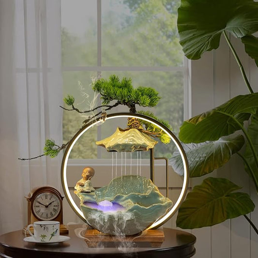 16In Bonsai Tree Statue Water Fountains Indoor Tabletop Waterfall Humidifier with LED Light and Atomizer Mist, Japanese Zen Decor Meditation Fake Plants Bonsai Feng Shui Decor Festival Birthday Gift - Bloomnest