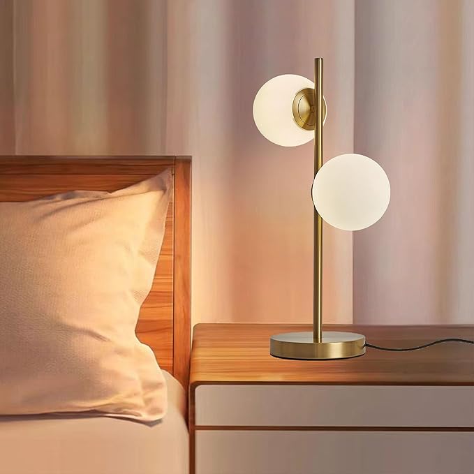 Mid Century Table Lamp Modern Globe Table Lamp for Bedroom, Gold Nightstand Light for Offices Contemporary Living Room Decor 2 LED Globe Lights - Bloomnest