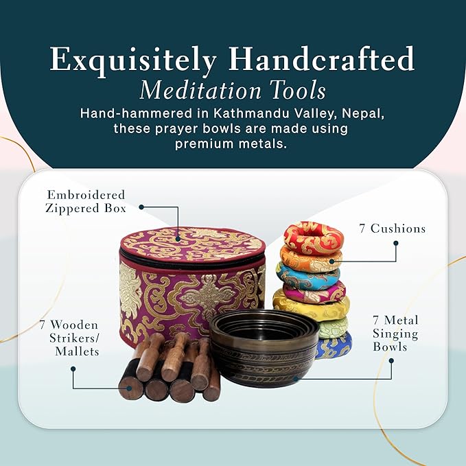 Tibetan Singing Bowl Set of 7, Handcrafted Singing Bowl for Meditation & Holistic Healing, Yoga Accessories, 3-5” Black Singing Bowls with Wooden Striker, Cushion & Purple Carry Box - Bloomnest