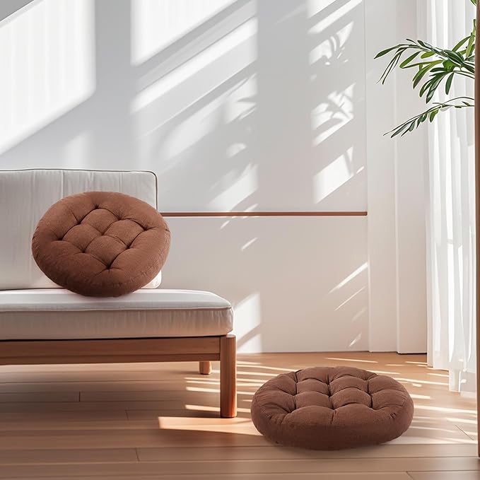 Meditation Floor Pillow, 2 Pack Round Floor Cushions for Adults, Button Tufted Seat Cushions for Yoga Tatami Living Room, Brown, 22 x 22 x 4 in