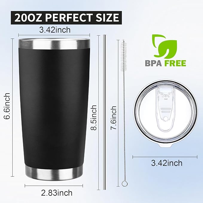 20oz Tumbler with Lid and Straw Double Wall Powder Coated Vacuum Insulated Coffee Tumbler Stainless Steel Insulated Travel Coffee Mug Spill-Proof Thermal Cup for Hot and Cold Beverage,Black - Bloomnest