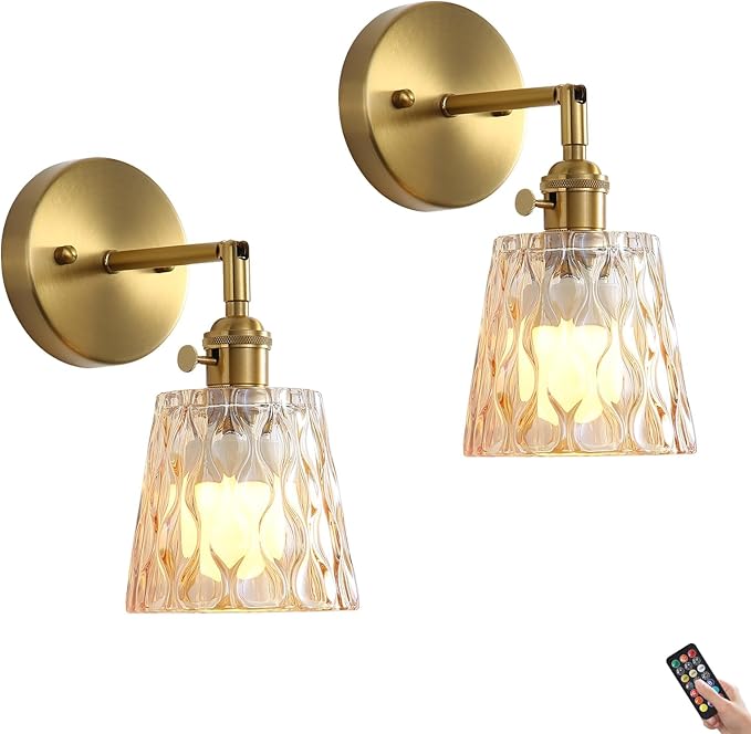 2 Pack Vintage Battery Operated Wall Sconces with Amber Glass Shade, Wireless Rechargeable RGB Wall Light, Remote Control & 180 Degree Adjustable, for Bedroom Living Room Hallway Aisle - Bloomnest