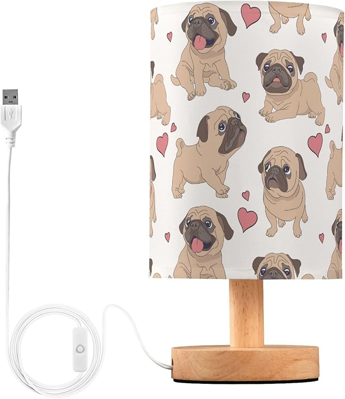 Table Lamp Pugs Puppies Heart Nightstand Lamp with Wood Base Fabric Lamp Shade Bedside Desk Lamp for Living Room Bedroom Kids Room Office - Bloomnest