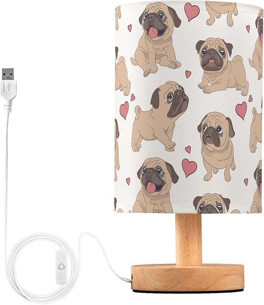 Table Lamp Pugs Puppies Heart Nightstand Lamp with Wood Base Fabric Lamp Shade Bedside Desk Lamp for Living Room Bedroom Kids Room Office - Bloomnest