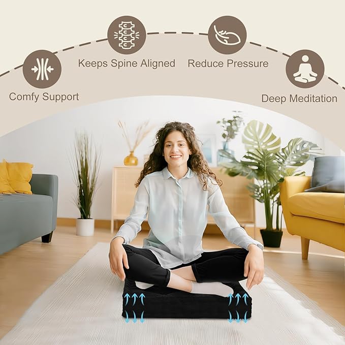 Wellsin Square Floor Pillows for Adults Kids - Meditation Floor Pillow Seating Cushion - Tufted Floor Cushion with Shredded Foam & Velvet Cover, 2 Pack, 20x20 Inch, Black - Bloomnest