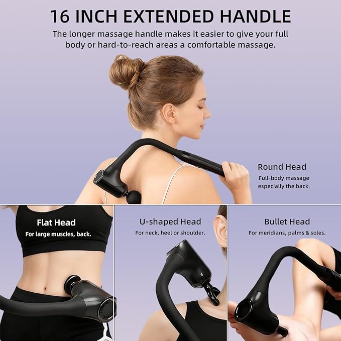 Massage Gun with Exended Handle Deep Tissue Back Massager for Pain Relief with Silicone Sleeves, 12MM Percussion Neck/Foot/Leg/Shoulder Massager, Unlimited Adjustable Speed - Bloomnest