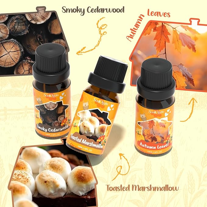 Fall Cozy Cabin Fragrance Oils Set, Essential Oil for Diffuser, Use for Soap Candle Making-Smoky Cedar Wood, Roasted Marshmallows, Autumn Leaves, Warm Flannel, Fireplace Time, Pumpkin Patch - Bloomnest