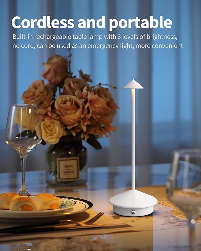 Modern Cordless Table Lamp Set of 2, Portable LED Desk Lamps, 5000mAh Rechargeable Battery Operated Lighting for Bedroom Dining Room Restaurant Coffee Shop Camping Night Light (White) - Bloomnest
