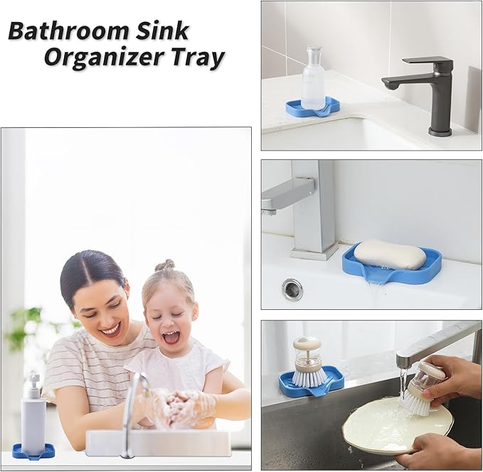 Silicone Bathroom Soap Dishes with Drain Spout-Bathroom and Kitchen Sink Organizer,Sponge Holder,Dish Soap Tray,Perfect for Dispenser,Scrubber,Bottle,Cup on Counter Lichen Blue 4.9"×3.2" - Bloomnest