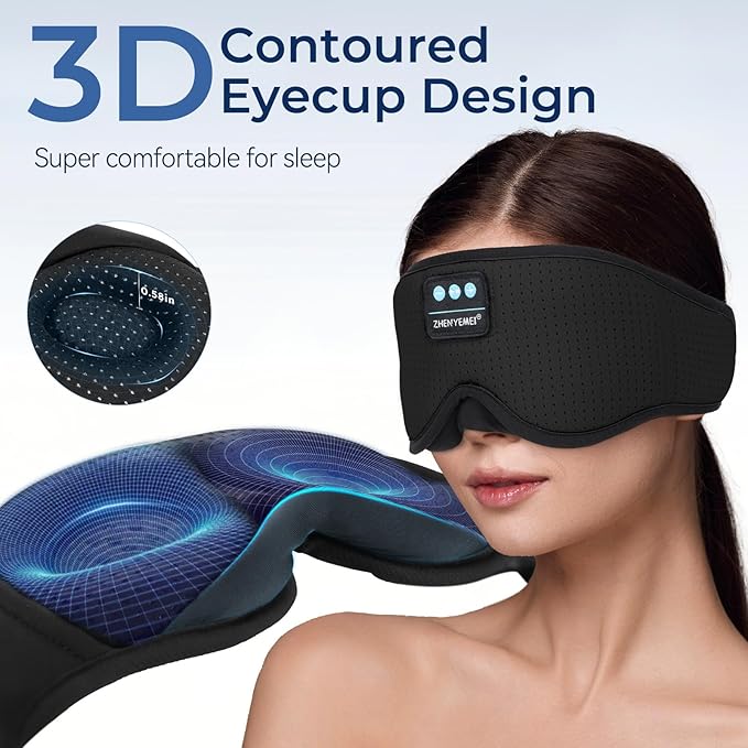 3D Sleep Mask with Bluetooth Headphones, Breathable Cotton Sleeping Headphones for Side Sleepers, Wireless Music Eye Mask with Timer, Gifts for Men Women, Black - Bloomnest