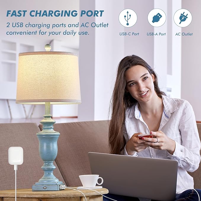 27.5" Set of 2 Farmhouse Table Lamps for Bedroom, 3 Way Dimmable Bedside Lamp with 2 USB +AC Outlet Nightstand Lamps for Living Room Resin Rustic Touch Lamps(Antique Blue) - Bloomnest