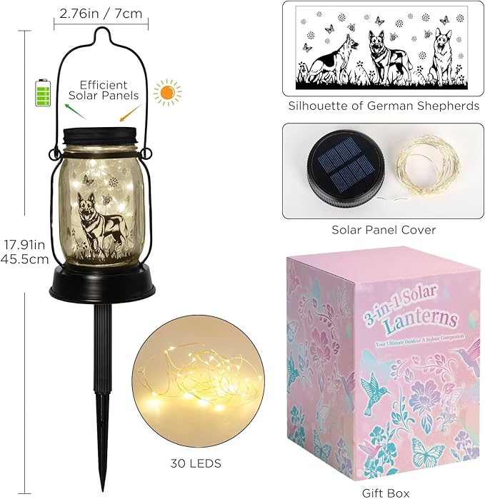 German Shepherd Gifts for Women/Men, German Shepherd Solar Lanterns Dog Mom Birthday, Dog Lovers Lantern, Pet loss Pet Memorial Lights, Solar Garden Decoration Outside for Yard, Patio,Backyard,Porch - Bloomnest