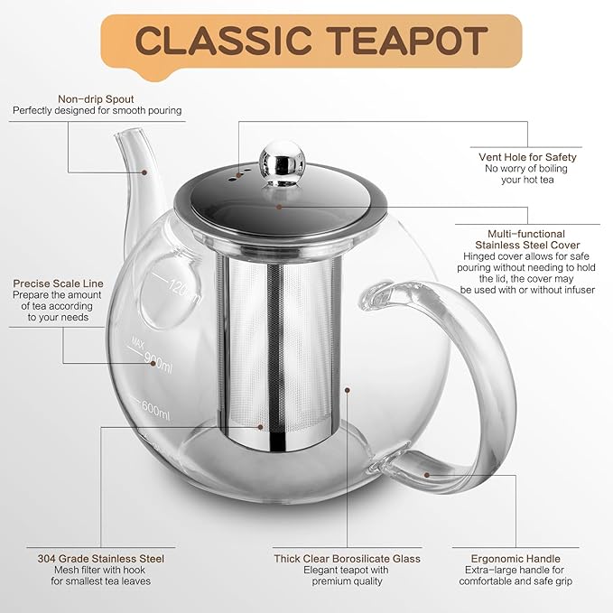 Glass Teapot, Zpose 40oz/1200ml Tea Pot with Removable Stainless Steel Infuser, Clear Glass Tea Kettle with Scale Line, Stovetop Safe Teapot for Blooming Tea & Loose Leaf Tea, Gift Box for Tea Maker - Bloomnest