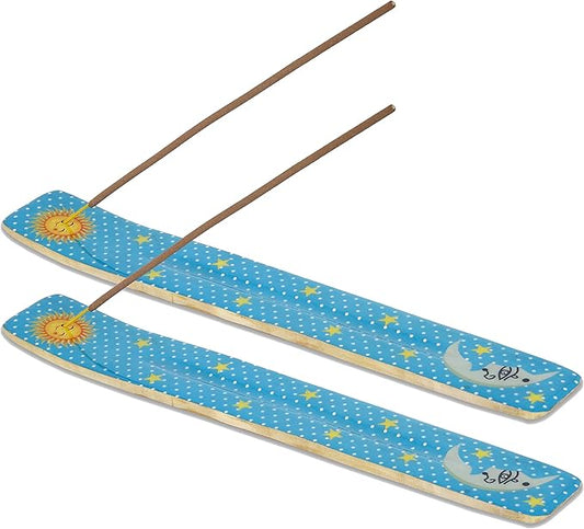 Bless-International Traditional-Handmade-Burner Wooden-Incense-Stick-Holder Ash-Catcher-Stand for-Aromatherapy-Meditation-Yoga (Moon & Stars) 10 Inches, Pack of 2 - Bloomnest