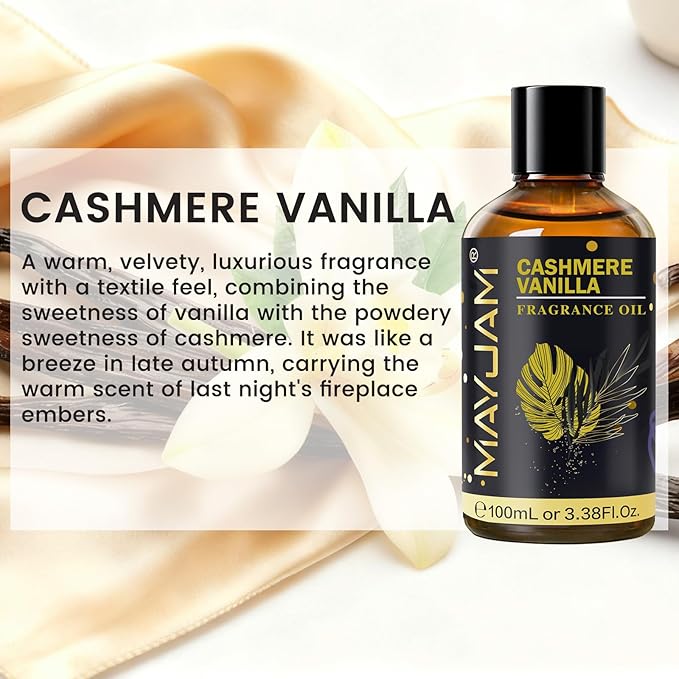 Cashmere Vanilla Fragrance Oil Essential Oil, MAYJAM 3.38FL.OZ Cashmere Vanilla Oil for Diffusers for Home, Long Lasting Scented Oils for Soap Candle Making - 100ML MAYJAM